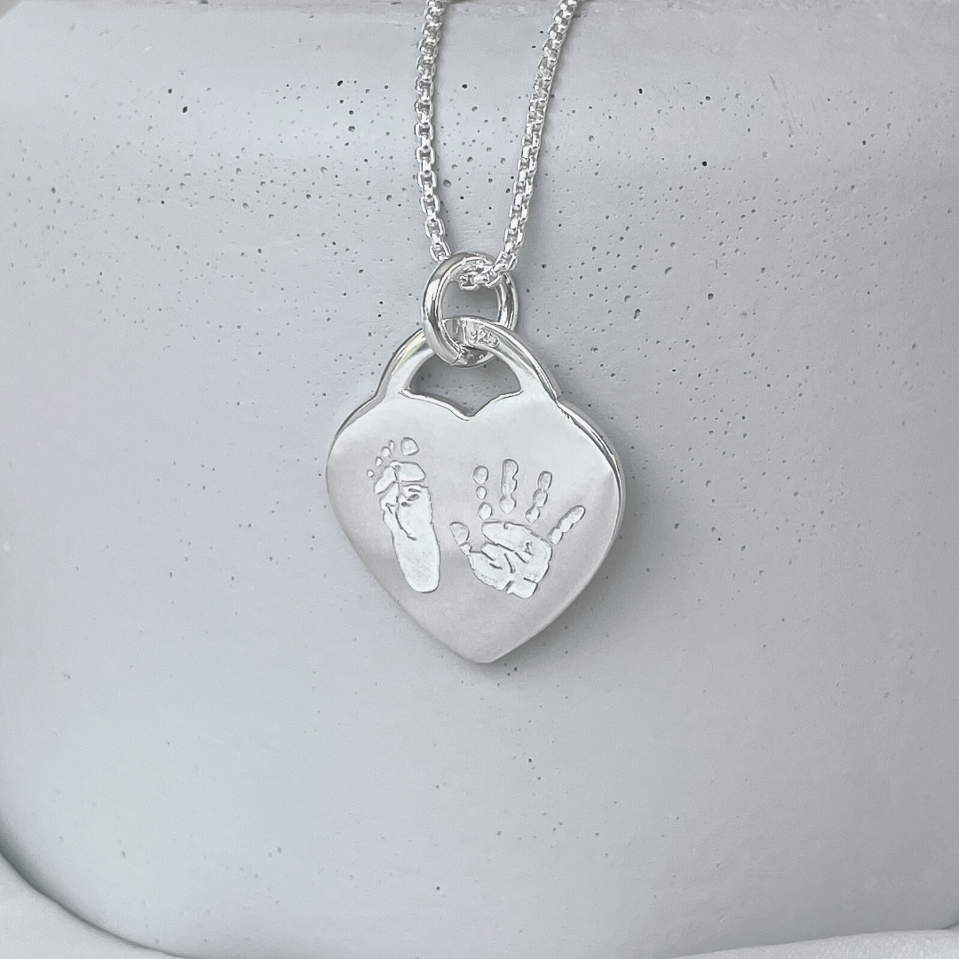 ENGRAVED HANDPRINT FOOTPRINT TIFFANY HEART NECKLACE Forever