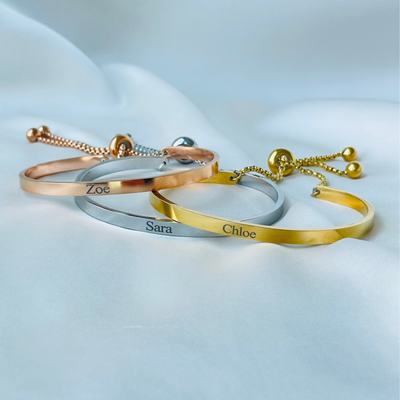 PERSONALIZED STAINLESS STEEL BANGLE WITH TOGGLE CHAIN