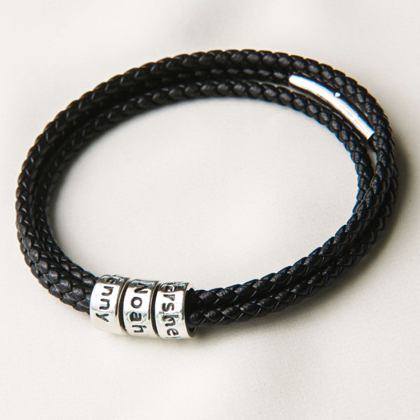 Men's Family Name Leather Silver Bead Bracelet