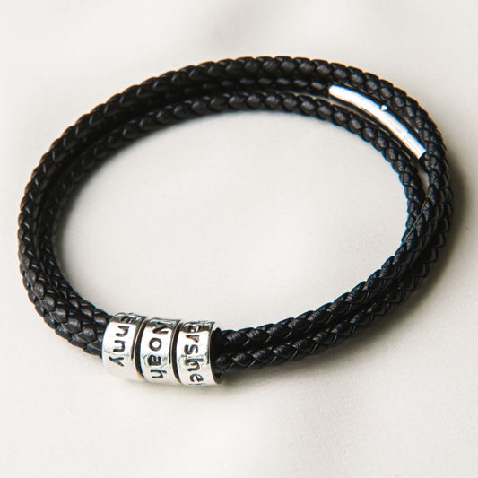 Men's Family Name Leather Silver Bead Bracelet