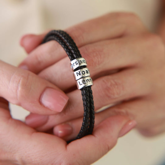 Men's Family Name Leather Silver Bead Bracelet