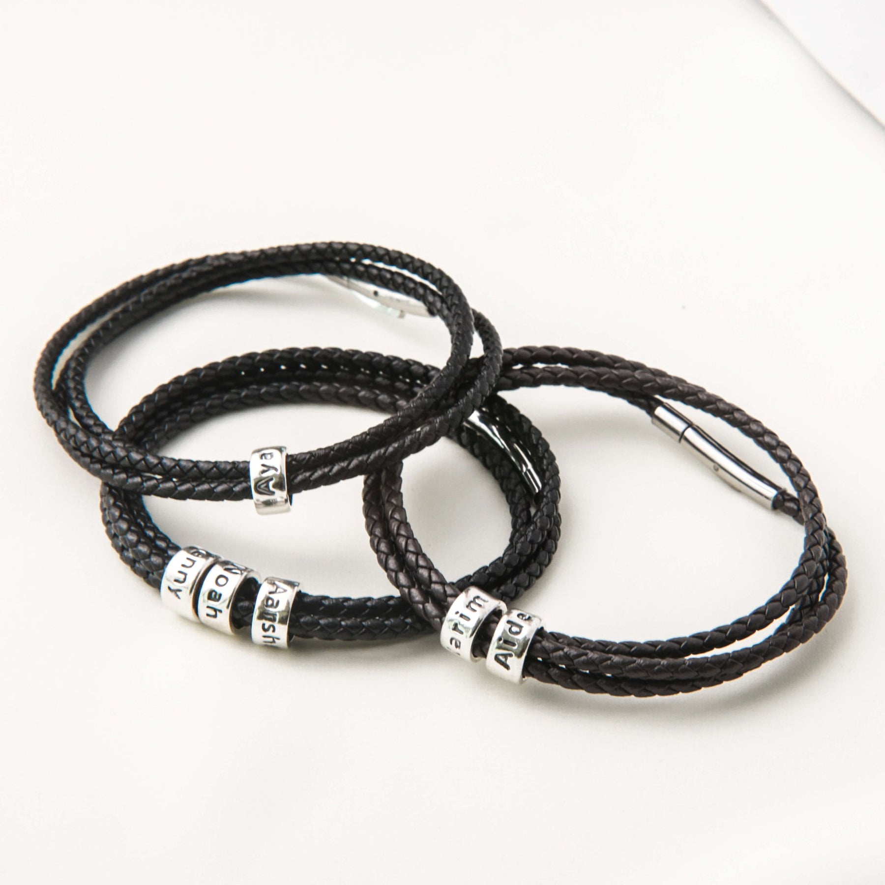 Men's Family Name Leather Silver Bead Bracelet - Main Image