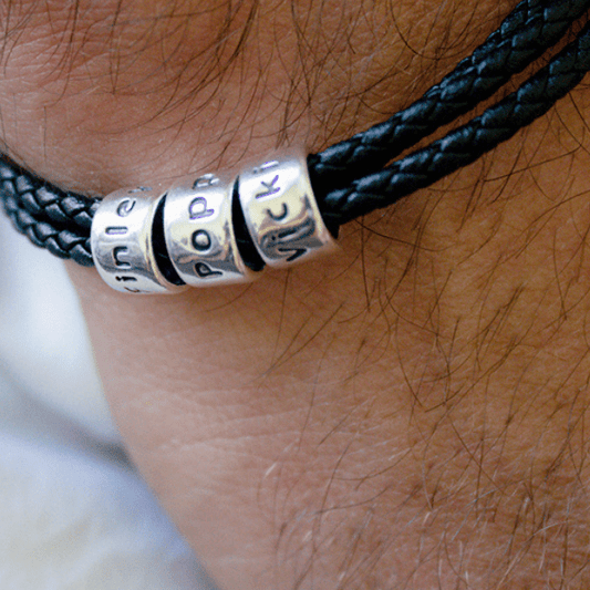 Men's Family Name Leather Silver Bead Bracelet