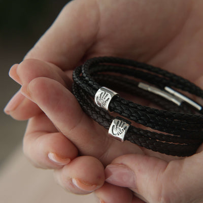 Men's Personalised Handprint Bead Leather Bracelet