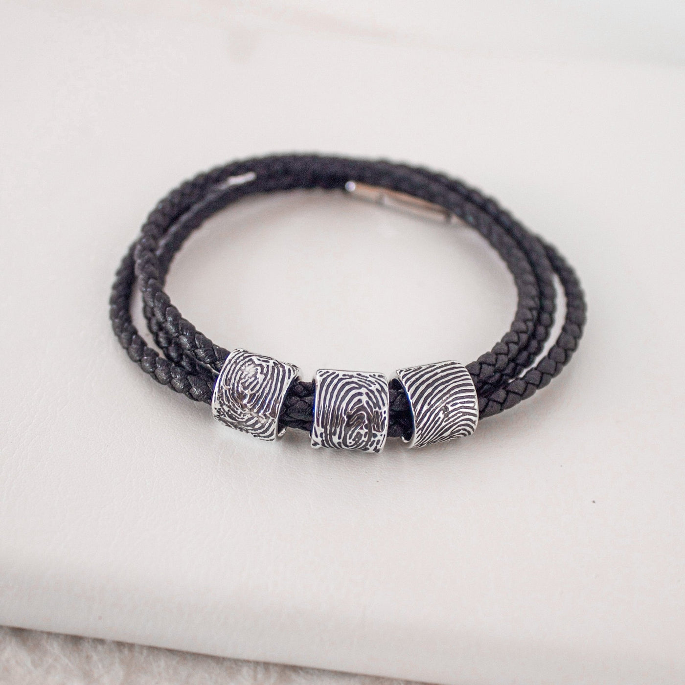 Men's Personalised Leather Fingerprint Bead Bracelet