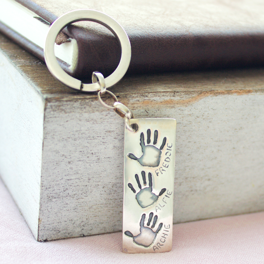 PERSONALIZED TRIPLE HANDPRINT OR FOOTPRINT KEYCHAIN | forever imprint jewellery