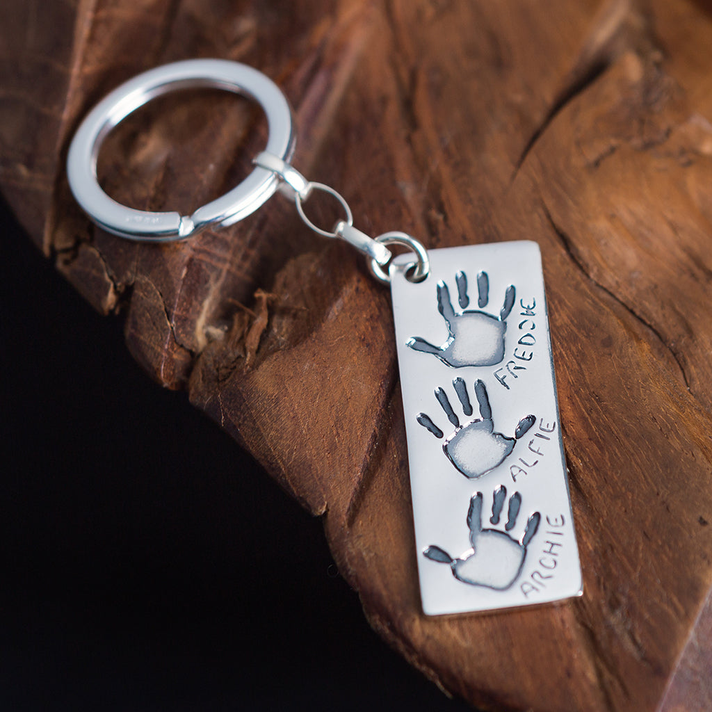 PERSONALIZED TRIPLE HANDPRINT OBLONG KEYCHAIN | forever imprint jewellery