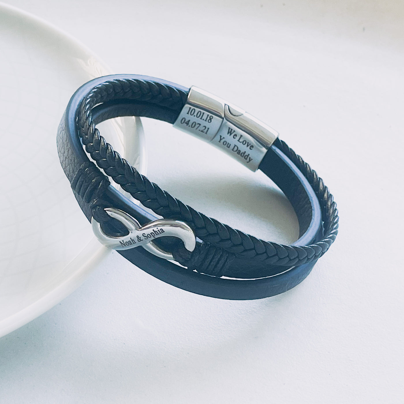MEN'S PERSONALIZED LEATHER STAINLESS STEEL INFINITY BRACELET | forever imprint jewellery