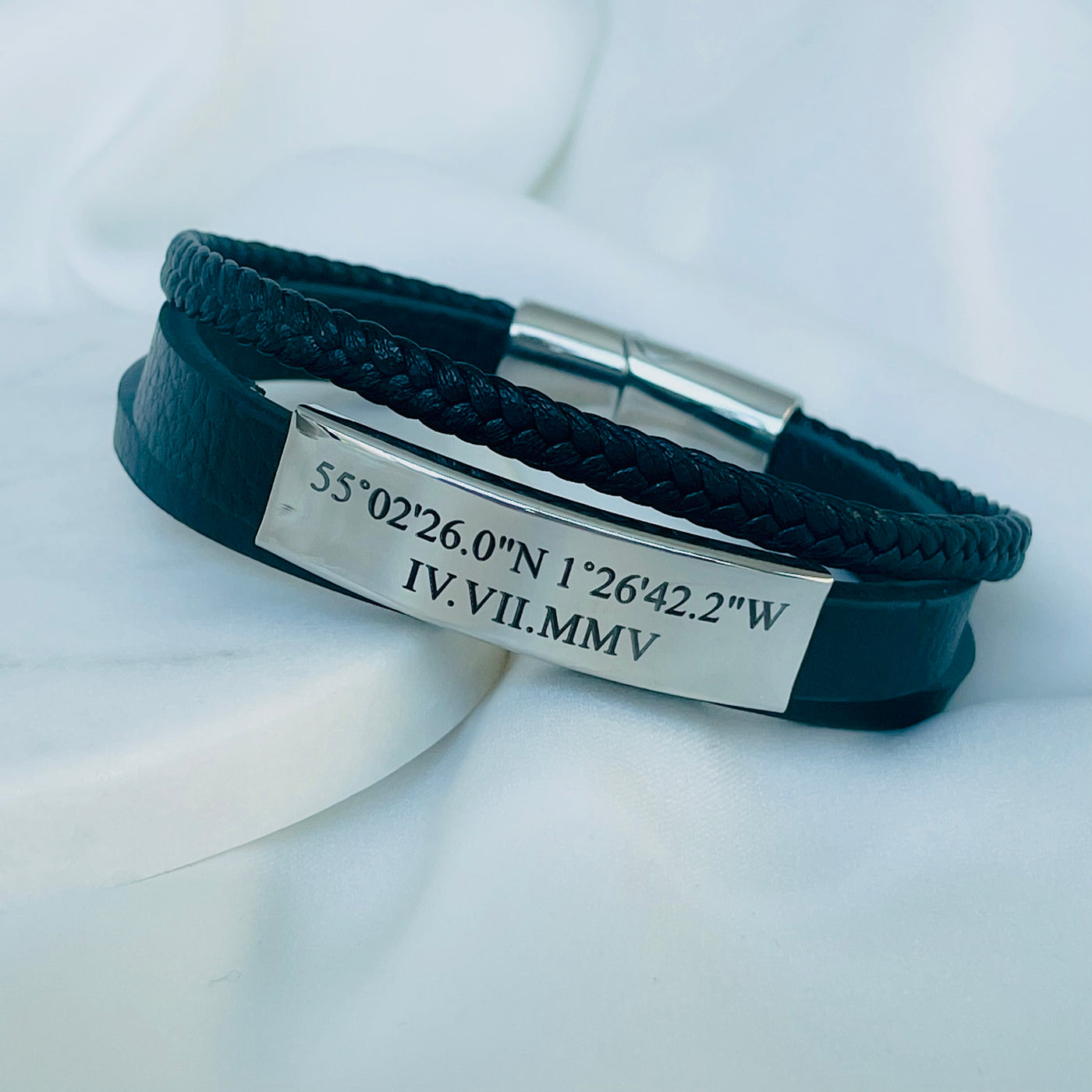 MEN'S PERSONALIZED LEATHER STAINLESS STEEL COORDINATE & DATE BRACELET | FOREVER IMPRINT JEWELLERY