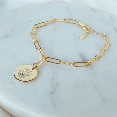 PERSONALIZED PAPERCLIP CHAIN HAND OR FOOTPRINT GOLD CHARM BRACELET | forever imprint jewellery