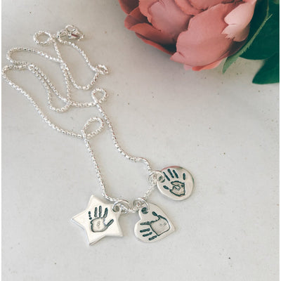PERSONALIZED TRIPLE HANDPRINT AND OR FOOTPRINT CHARM NECKLACE | FOREVER IMPRINT JEWELLERY