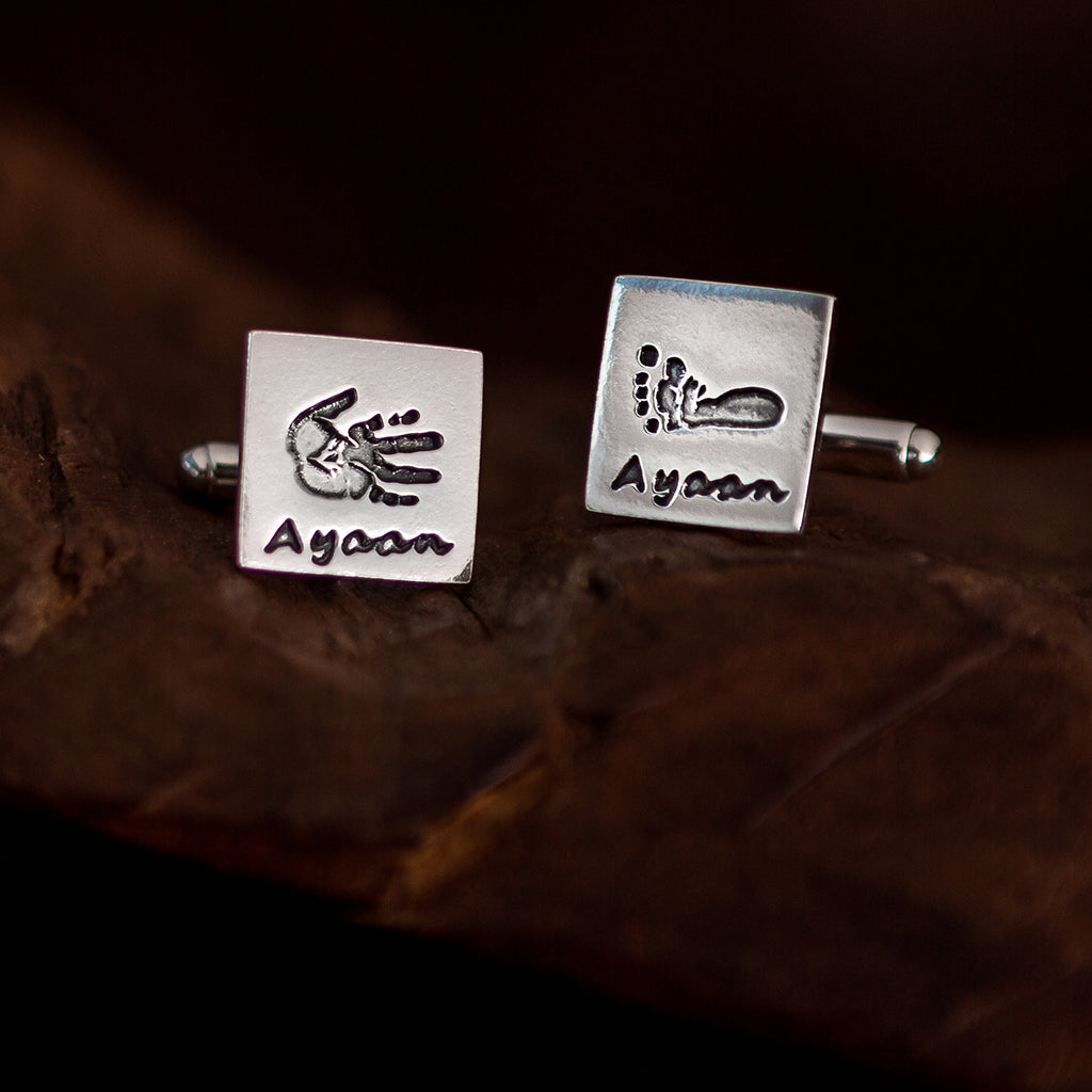 PERSONALIZED HAND & FOOTPRINT CUFFLINKS WITH PRINTED NAME | forever imprint jewellery