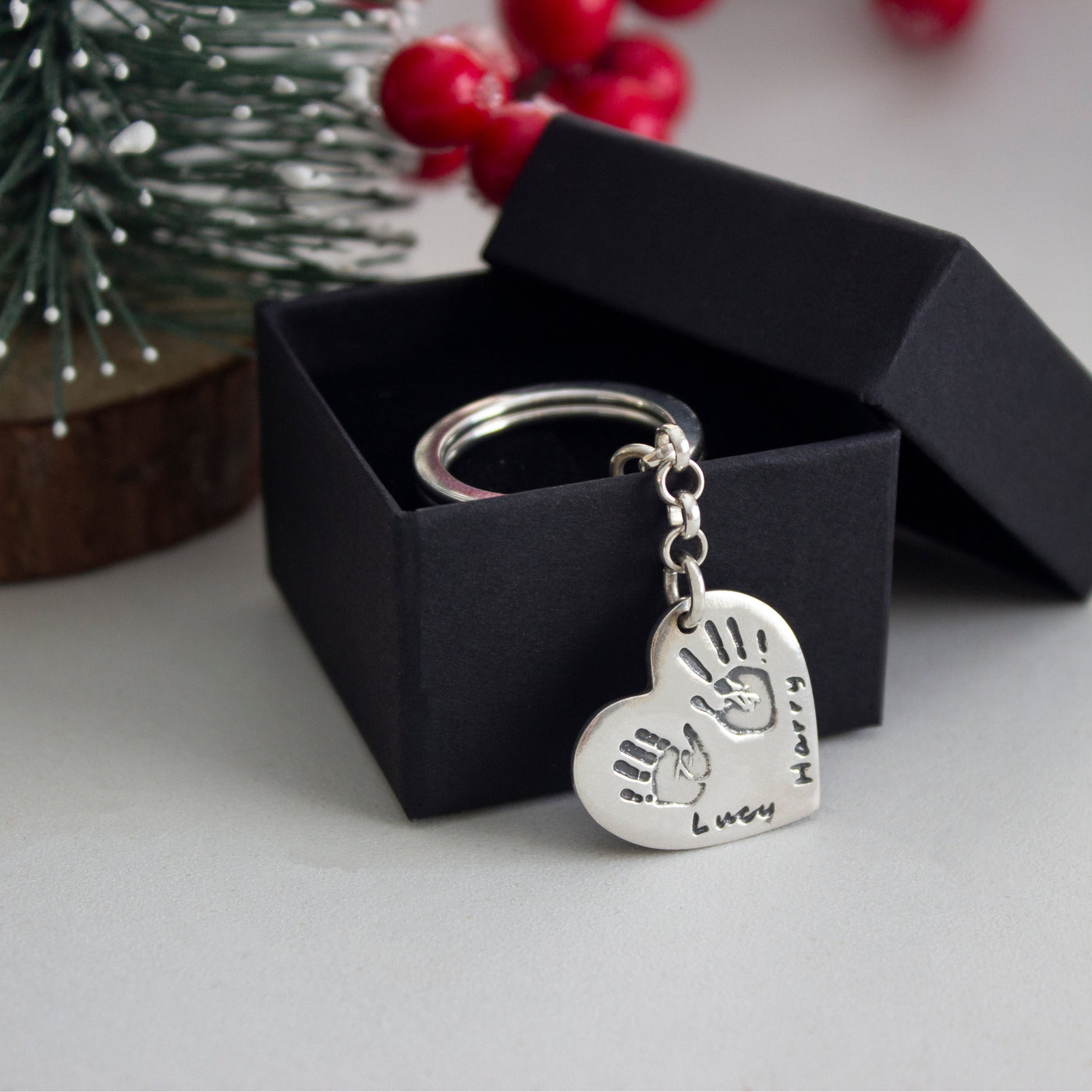 PERSONALIZED DOUBLE HANDPRINT HEART KEYRING | forever imprint jewellery
