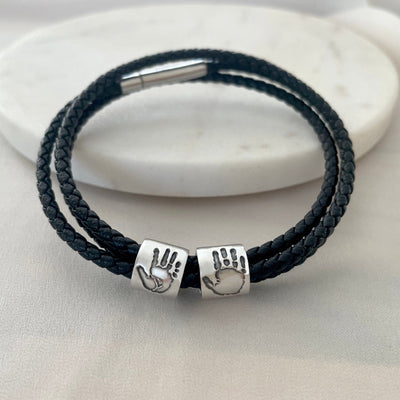 MEN'S PERSONALIZED HANDPRINT OR FOOTPRINT DOUBLE BEAD LEATHER BRACELET | FOREVER IMPRINT JEWELLERY UAE